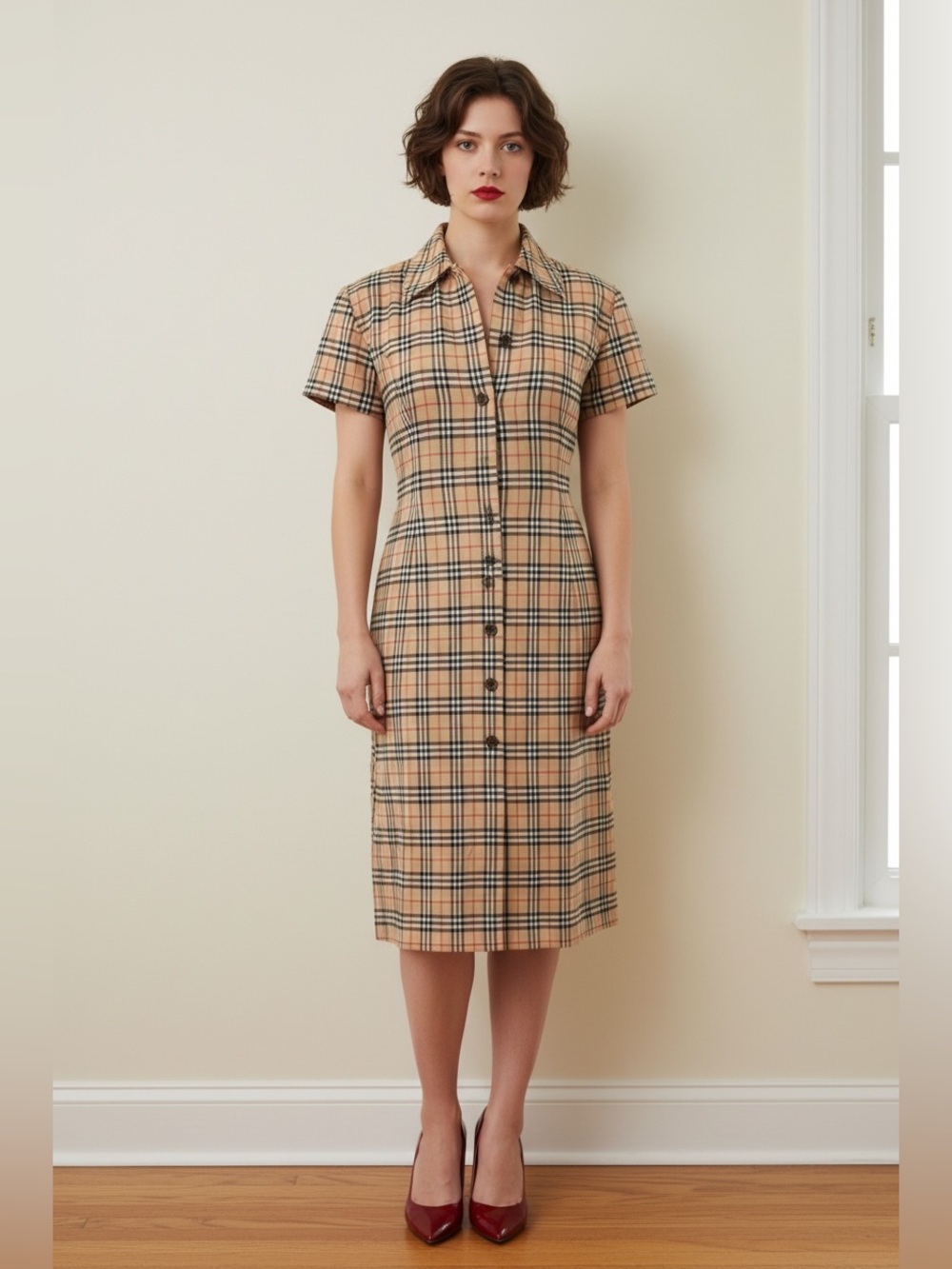 Burberry Camel Check Short-Sleeve Midi Shirt Dress